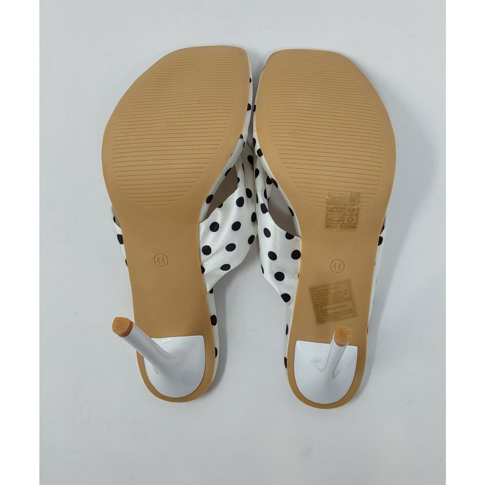 Womens Size 44 White Black Polka Dot Satin Stiletto Mule Heels Square Toe - Picture 6 of 6